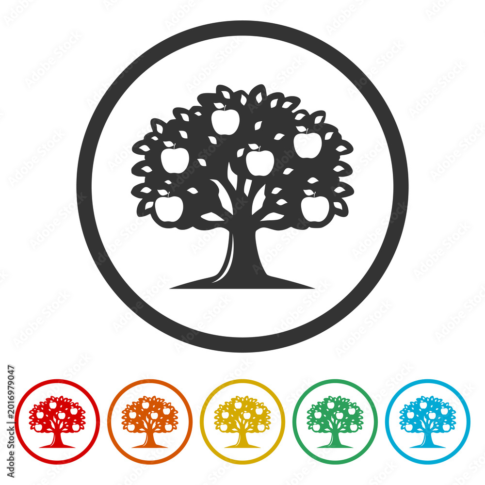 Naklejka premium Apple tree icon. Set icons in color circle buttons