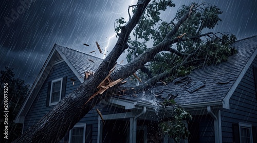 A dramatic storm scene with a fallen tree crashing onto a house during heavy rain.