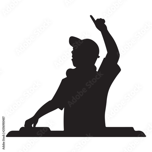 Obraz na plátně Black Silhouette of DJ Performer with Raised Arm on White Background