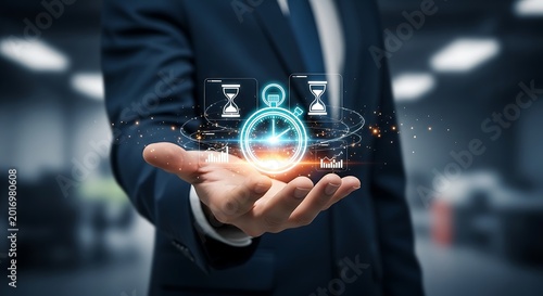 Businessman's hand holds glowing stopwatch and hourglass icons symbolizing time management and efficiency in modern business strategy