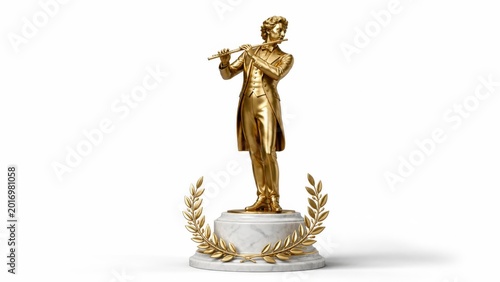 Golden flute player figurine on marble pedestal with laurel wreath for refined museum collectible concept