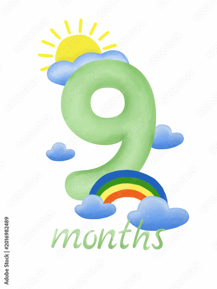 Fototapeta premium Baby monthly milestone card nine months with watercolor rainbow and sun, nursery collection.