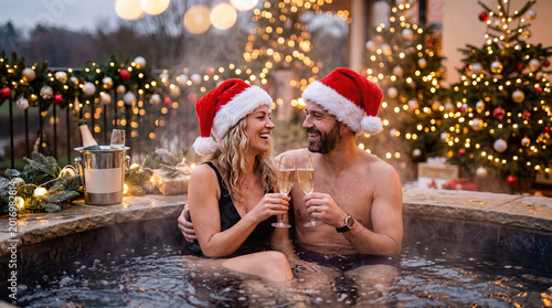 Beautiful woman and man with santa hat relaxing in jacuzzi with champagne concept. Couple enjoying hot tub festivities during the holiday season.