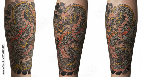 Traditional Japanese Style Dragon Tattoo on Arm with Bold Colors and Intricate Details