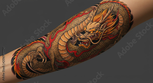 Colorful Traditional Japanese Dragon Tattoo on Forearm with Bold Black Outline and Red Accents
