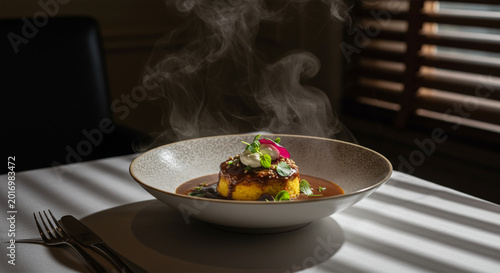 Steaming Gourmet Dish on Elegant White Plate in Cozy Restaurant Setting