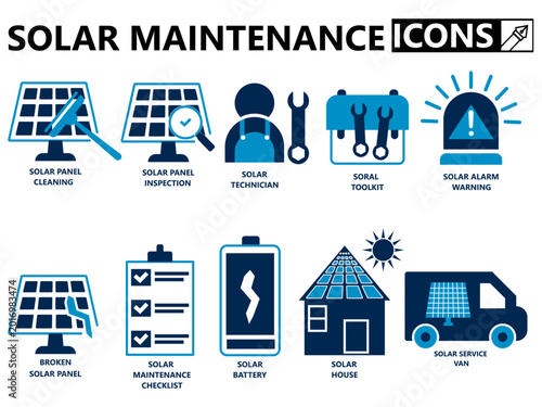 Solar Panel Maintenance Icons Set | Renewable Energy Solid Fill Vector Icons