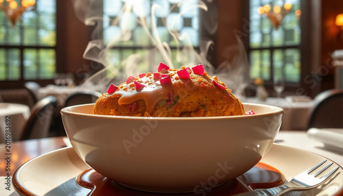 Steaming Hot Savory Souffle in Elegant Restaurant Bowl with Garnish and Rich Sauce