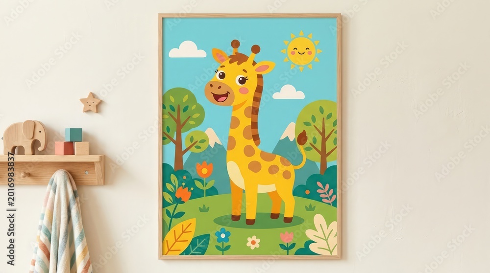 Naklejka premium A giraffe stands smiling in a colorful outdoor scene with trees and flowers under a sunny sky with clouds