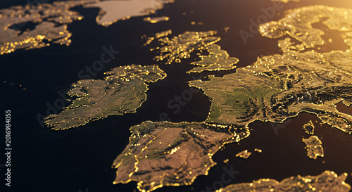 Map of Europe Illustrated with Glowing City Lights in Gold and Dark Tones
