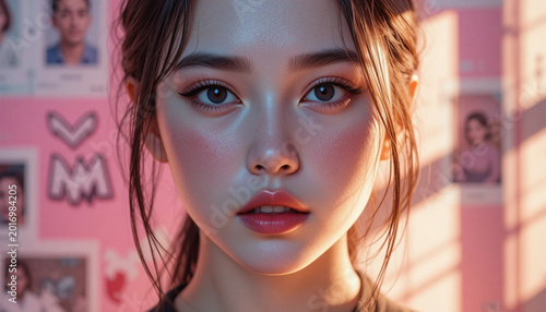 Close Up Young Woman with Bright Makeup and Intense Expression in Pink Studio