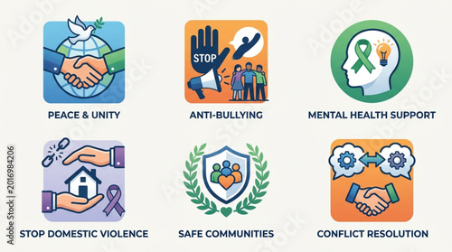 Quadro su tela Collection of Social Issues Icons Representing Peace and Support.
