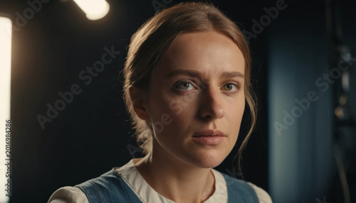Young Woman with Light Brown Hair and Blue Eyes in Studio Setting