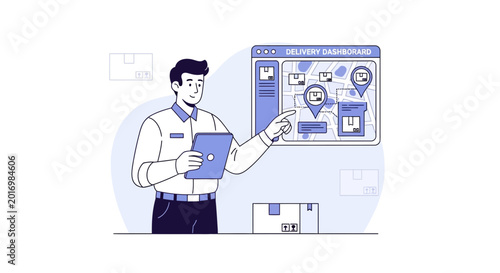 Delivery driver using tablet with tracking map dashboard and package