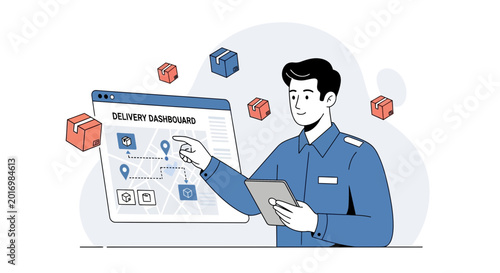 Delivery dashboard map interface with courier and packages, logistic service