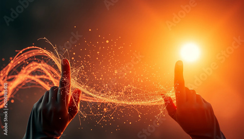 Futuristic Hands Touching Glowing Digital Particles and Light in Orange Sunset Atmosphere