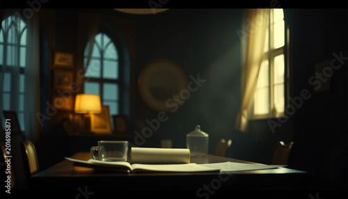 Sunlit Cozy Dining Room with Open Book and Glassware on Wooden Table