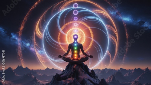 Meditating human silhouette sits atop a mountain peak while glowing energy centers align vertically within a swirling cosmic vortex representing deep spiritual balance and universal enlightenment