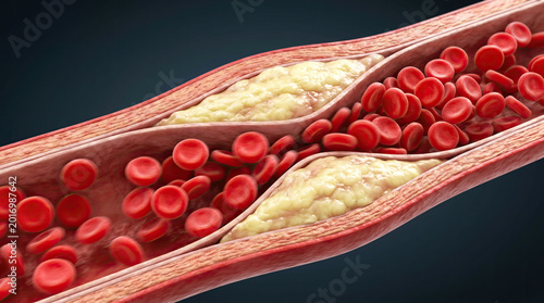 Blocked blood vessel artery poor circulation risks heart health concept. Illustration of blood vessels showing red blood cells and plaque.