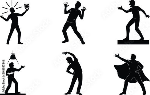 Acting silhouette set featuring actor stretching rehearsal surprised pose bold cape improv comedy performer expressive stage collection.