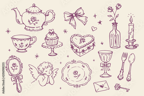 Romantic Tea Party Elements Purple Ink Sketch Set Vector