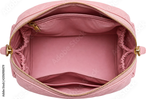 Open pink quilted cosmetic bag isolated on transparent background
