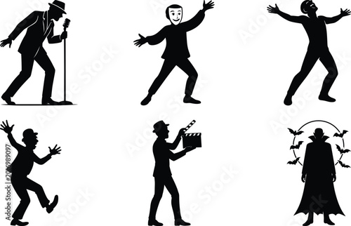 Acting silhouette set featuring laughing figure vampire masked performer microphone comedic pose clapperboard stage collection.