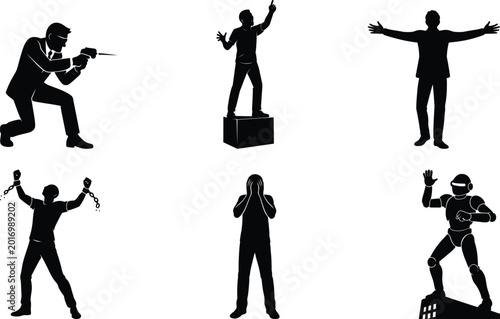Quadro su tela Acting silhouette set featuring soapbox speaker audience embrace freedom chains shocked figure robot actor secret agent crouching collection