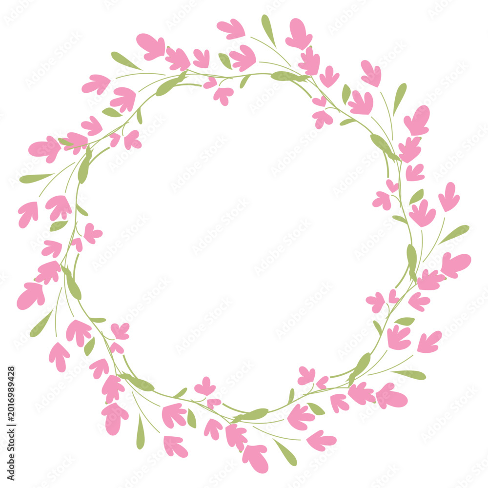 Obraz premium Minimal pink flower wreath with delicate branches in elegant flat vector style Romantic botanical circle isolated on white background for invitations, feminine branding, greeting cards and girls decor