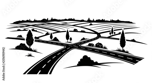 Bild auf Leinwand Crossroads of roads and fields in a stylized landscape illustration