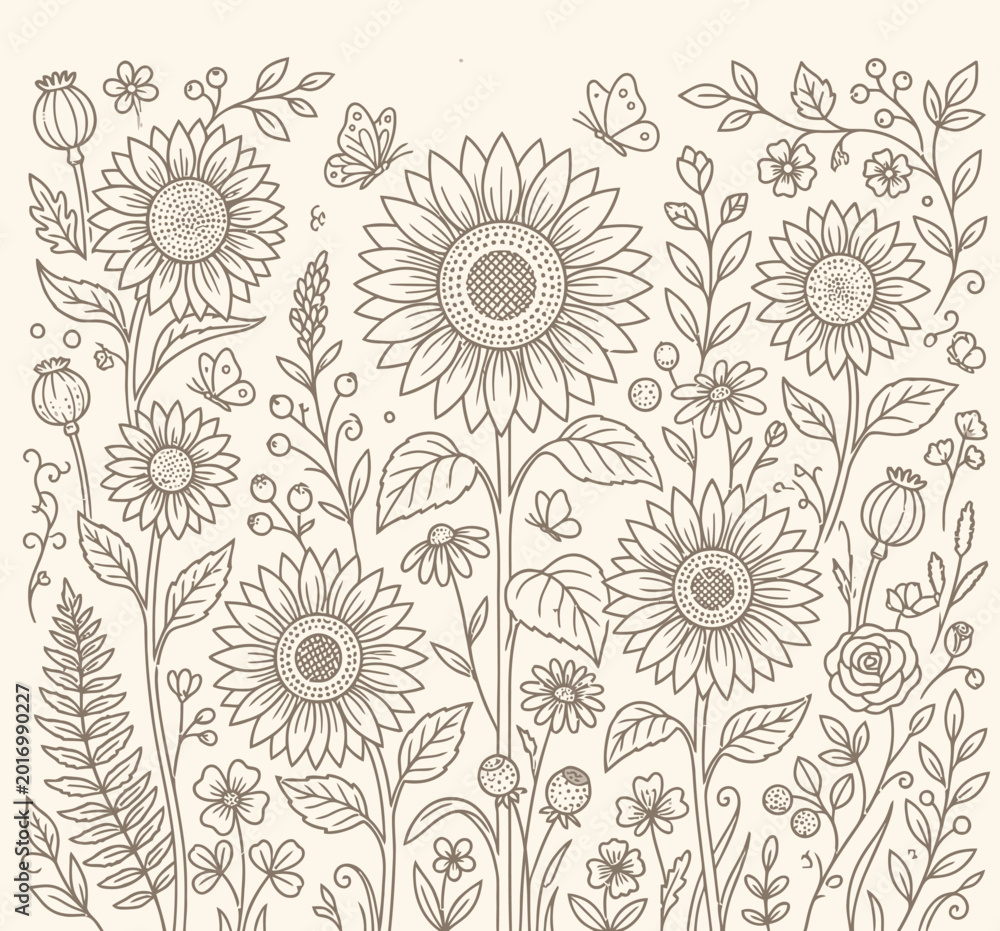 Fototapeta premium A charming hand-drawn illustration of sunflowers and various wildflowers with butterflies fluttering around.