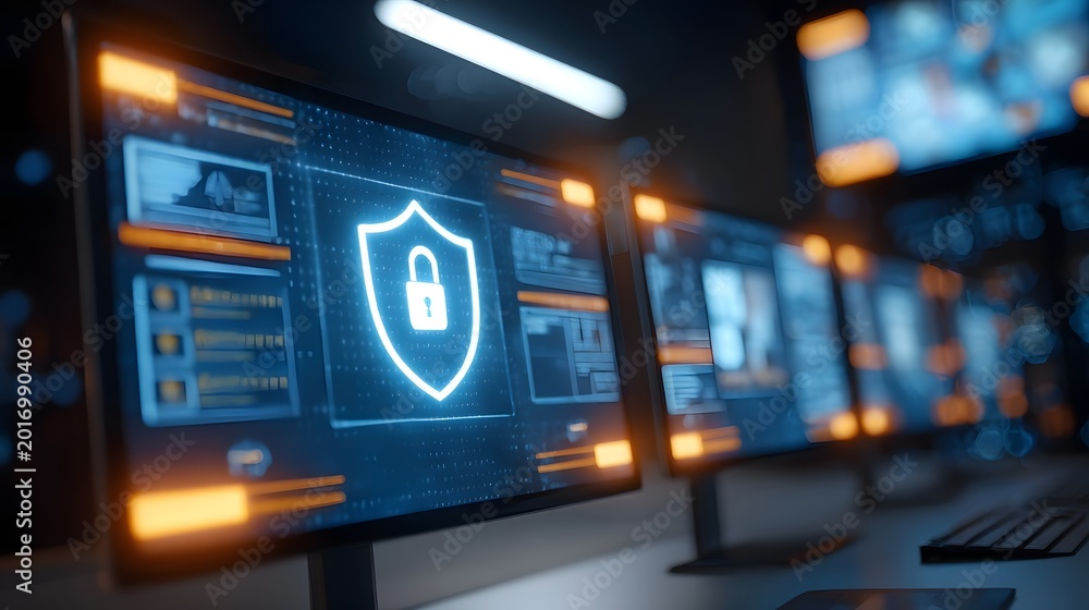 Fototapeta premium A high tech command center displays a glowing security shield icon illustrating advanced data protection and network monitoring systems