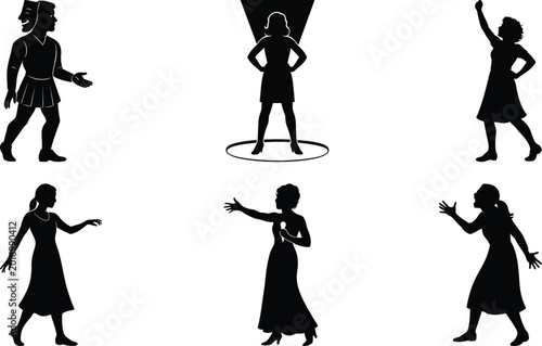 Fotografie Dramatic actress silhouette set featuring graceful stage movements emotional acting poses and theatrical performance expressions vector illustrati