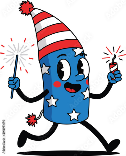 Cartoon uncle sam firecracker running with sparklers patriotic illustration