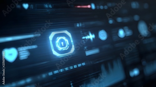 Abstract visualization of a glowing technological interface displaying complex data streams and advanced cybersecurity metrics