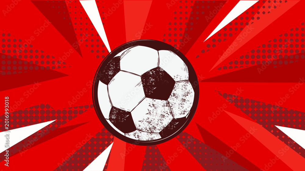 Fototapeta premium Football soccer ball on red comic style background, sport banner template