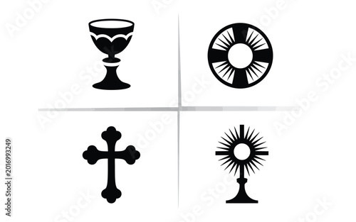 Bild auf Leinwand Minimalist religious symbols set with cross chalice monstrance and communion waf