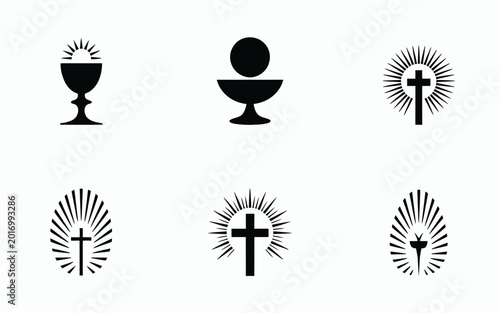 Canvas Print Minimalist black vector icons featuring religious symbols including chalice cros