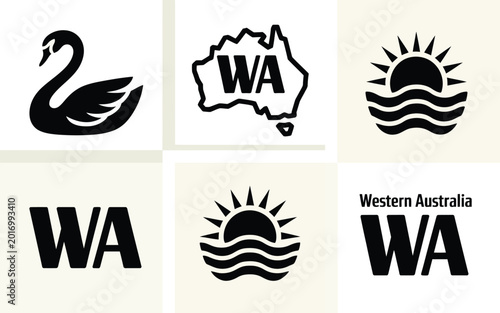 Φωτογραφία Black and white vintage style western australia logos featuring swan map sunrise