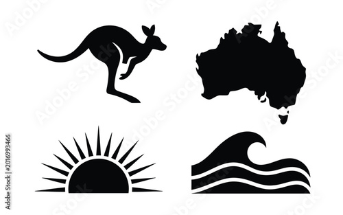 Foto Silhouette vector bundle featuring kangaroo australia map sunrise and ocean wave