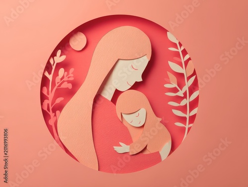 template in red paper cut design image mother is cuddled by daughter Concept of diverse family