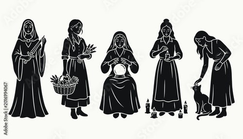 Foto Mystical women archetypes in vintage linocut style for occult and tarot branding