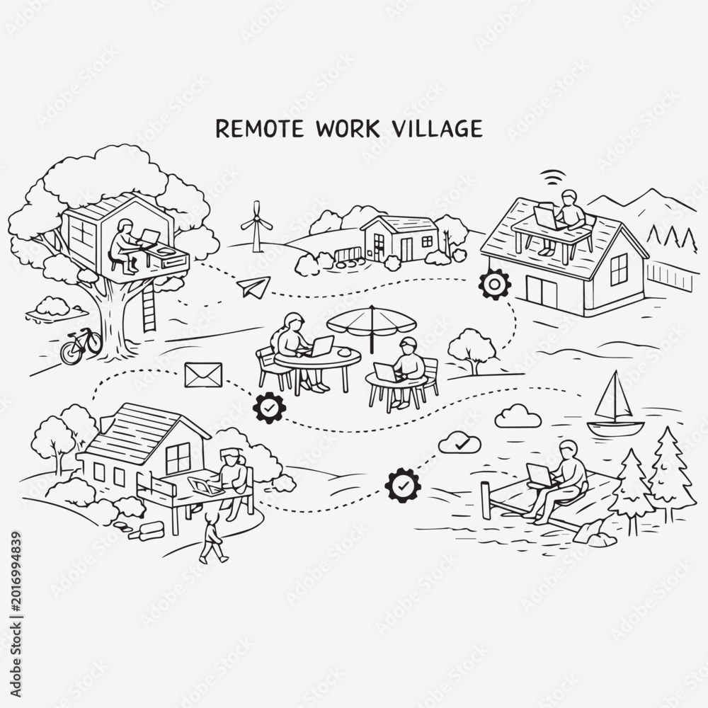 Fototapeta premium Remote work village concept vector, digital nomad community lifestyle illustration, people working on laptops in nature and treehouse