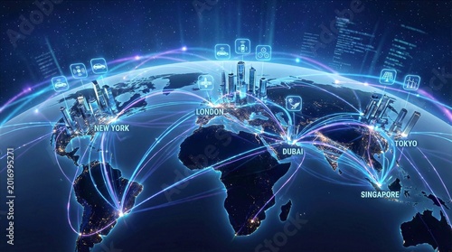 Global Connections and Digital Networks Connecting Major Cities Worldwide