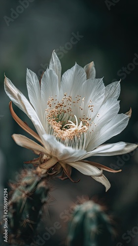 Close-up of a White Cactus Flower Blooming