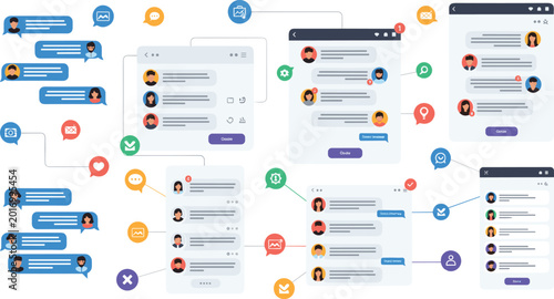 Social Media and Team Collaboration Interface Set with Group Chat Windows, Messaging Threads, User Avatars, Contact Lists, and Multi-Platform Communication UI Design Elements