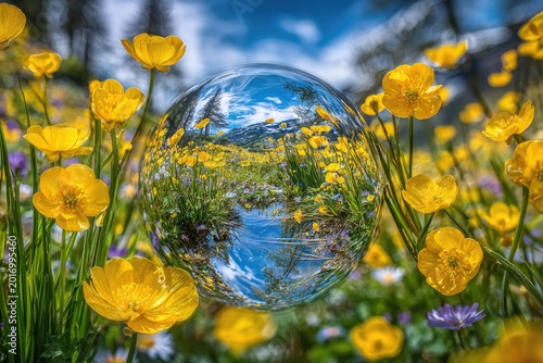 Crystal Ball Reflecting Alpine Meadow with Yellow Flowers