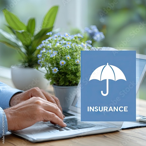 Insurance concept with umbrella icon and person typing on laptop