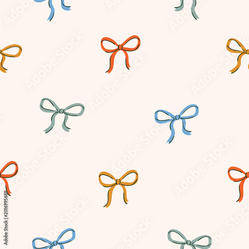 Vector colorful bow knots, gift bows seamless pattern. Hand drawn festive bow repeated illustration. Birthday, holiday, party decoration, gift wrapping paper