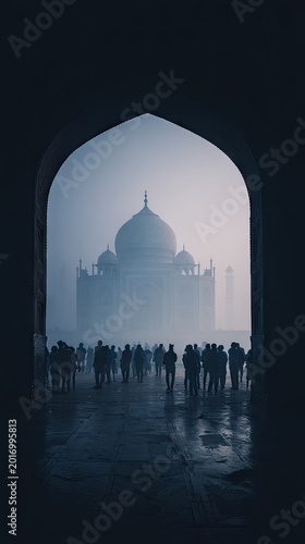 Taj Mahal in Foggy Morning with Silhouetted Crowd